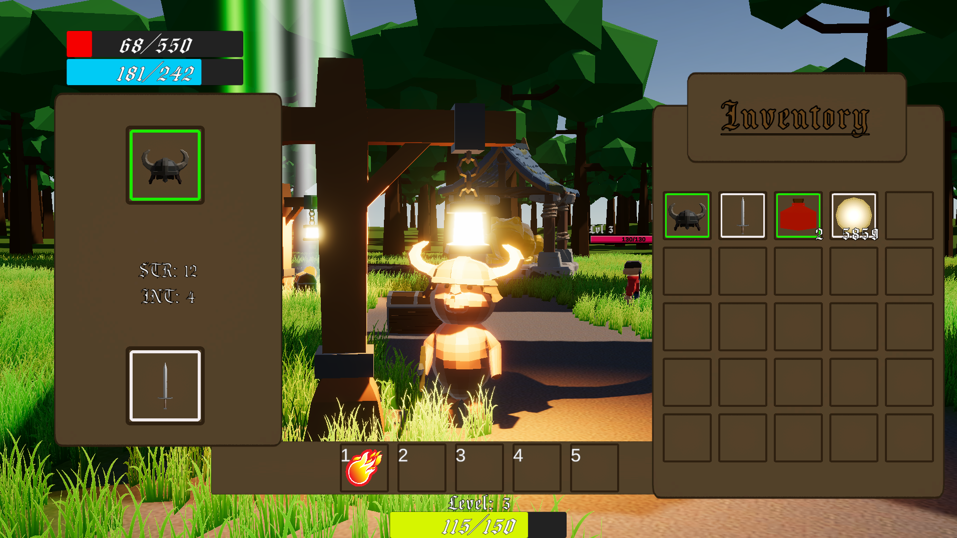 image of the inventory and character panel, with sir bearington standing under a light