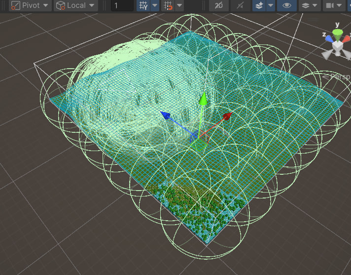 image of the world map with sphere colliders of the spawners, and a clump of colliders for the enemies